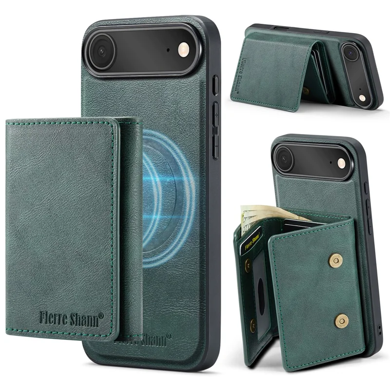 FIERRE SHANN FS030 For iPhone Air Magnetic Case Tri-Fold Wallet Leather Back Cover with Card Holder - Green