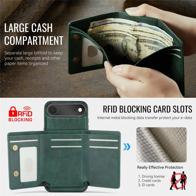 FIERRE SHANN FS030 For iPhone Air Magnetic Case Tri-Fold Wallet Leather Back Cover with Card Holder - Green