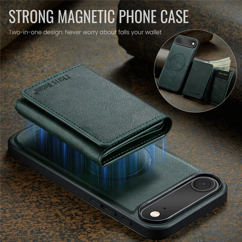 FIERRE SHANN FS030 For iPhone Air Magnetic Case Tri-Fold Wallet Leather Back Cover with Card Holder - Green