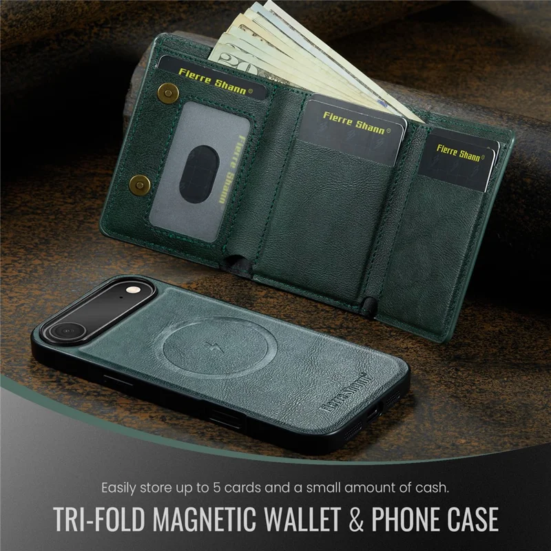 FIERRE SHANN FS030 For iPhone Air Magnetic Case Tri-Fold Wallet Leather Back Cover with Card Holder - Green