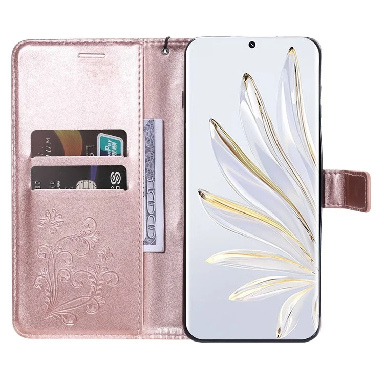 Kt-sprudelblumenserie-2 Für Honor 70 5G Magnetic Clasp PU Leder Mobiltelefon Hülle Geprägtes Schmetterlingsmuster Ständer Brieftaschenabdeckung - Roségold
