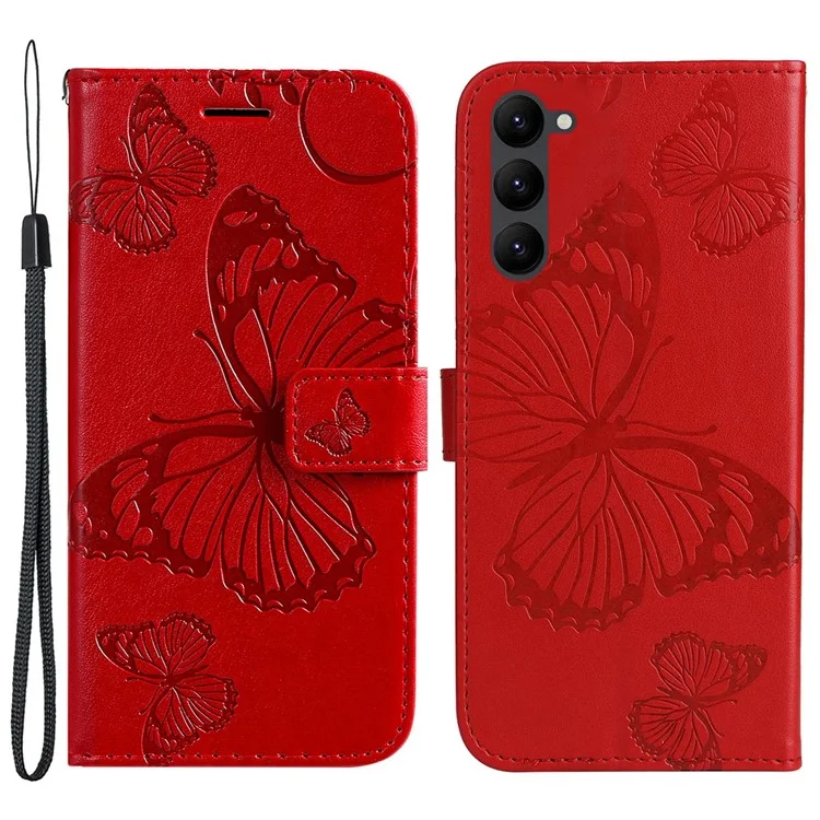 For Samsung Galaxy S23 Wallet Case Floral Butterfly Imprinted Leather Phone Cover Stand - Red