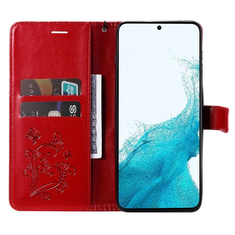 For Samsung Galaxy S23 Wallet Case Floral Butterfly Imprinted Leather Phone Cover Stand - Red