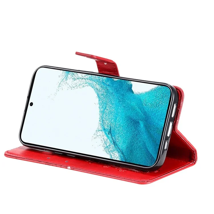For Samsung Galaxy S23 Wallet Case Floral Butterfly Imprinted Leather Phone Cover Stand - Red