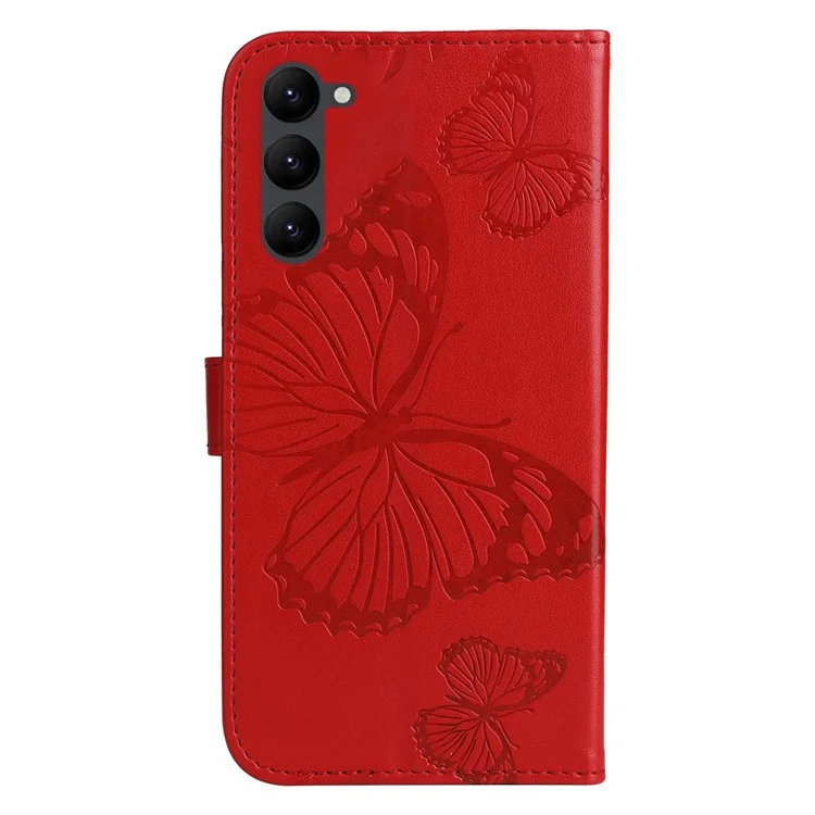For Samsung Galaxy S23 Wallet Case Floral Butterfly Imprinted Leather Phone Cover Stand - Red