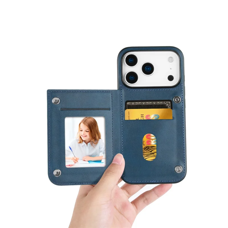 HANMAN Mika Series For iPhone 17 Pro Case with Card Holder PU Leather + TPU Back Cover - Blue