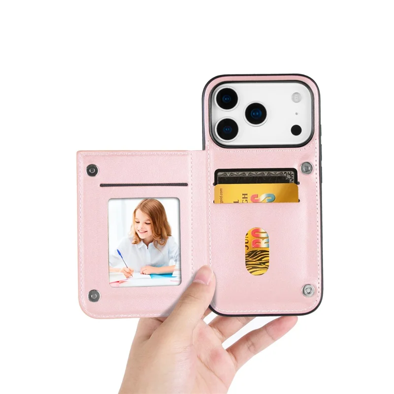 HANMAN Mika Series For iPhone 17 Pro Case with Card Holder PU Leather + TPU Back Cover - Rose Gold