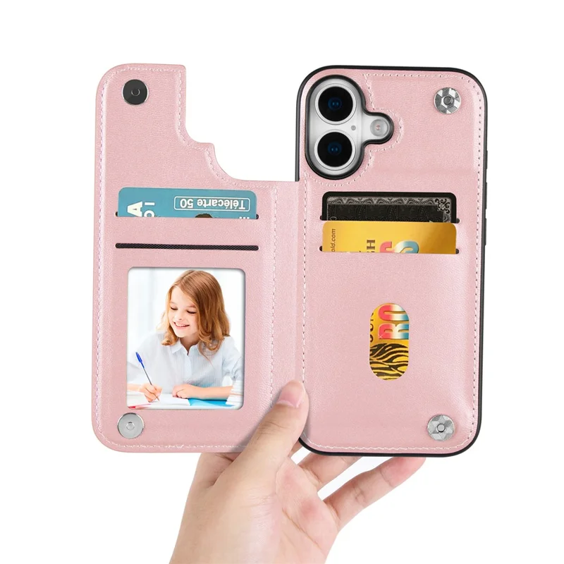 HANMAN Mika Series For iPhone 17 Case with Card Holder PU Leather + TPU Back Cover - Rose Gold