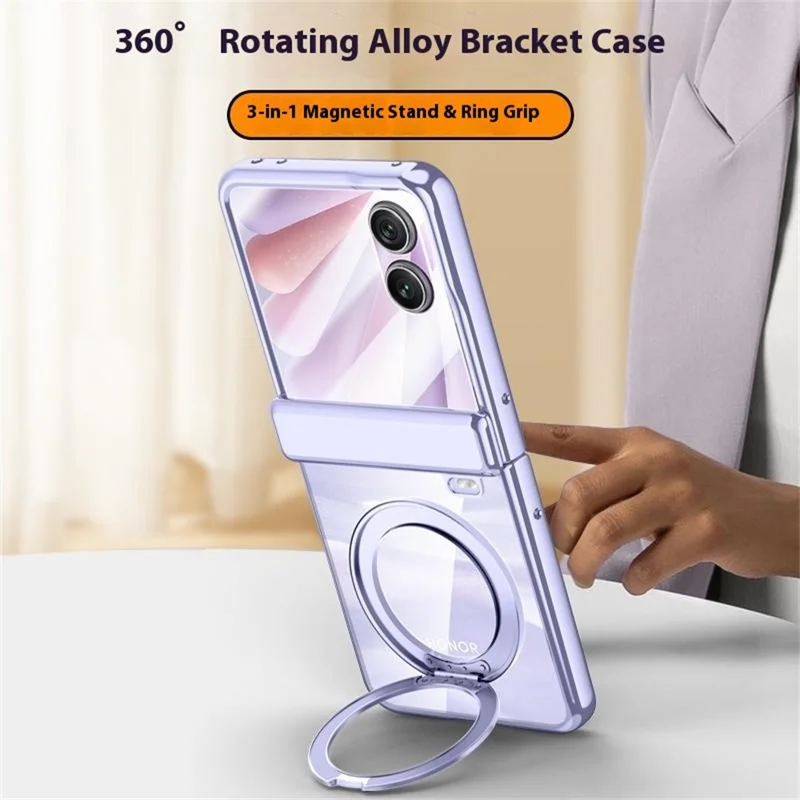 For Honor Magic V Flip 2 Magnetic Case Kickstand Electroplated PC Phone Cover Built-In Screen Protector - Purple