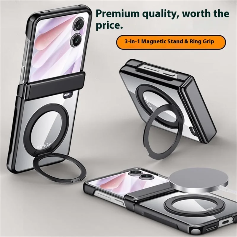 For Honor Magic V Flip 2 Magnetic Case Kickstand Electroplated PC Phone Cover Built-In Screen Protector - Purple