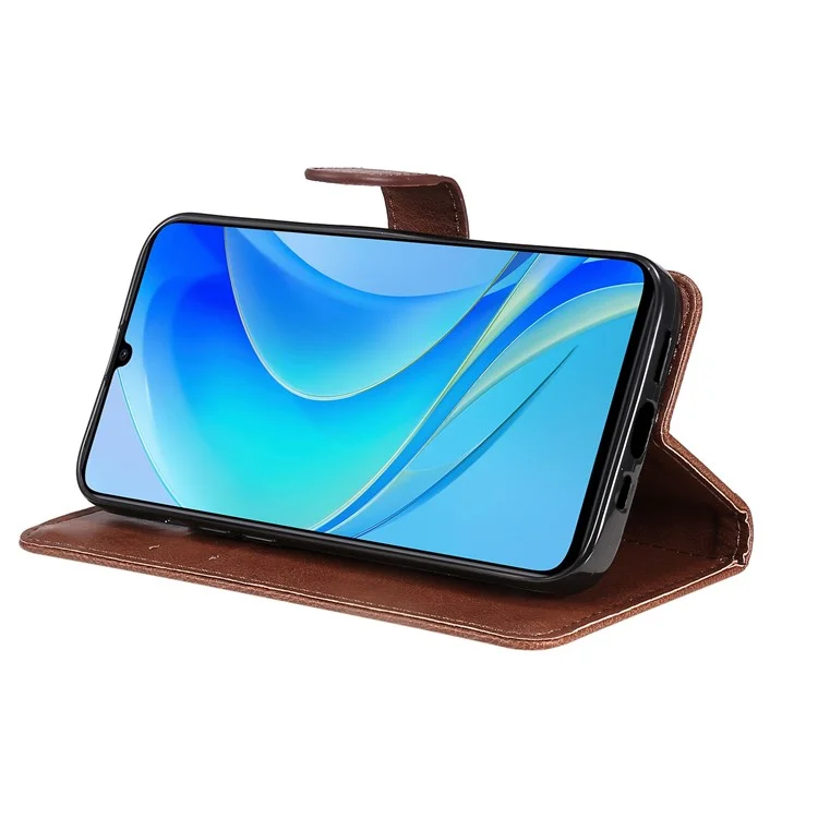 For Huawei Enjoy 50 / nova Y70 Plus 4G / nova Y70 Case Solid Color Leather Mobile Cover Wallet Stand with Strap - Brown