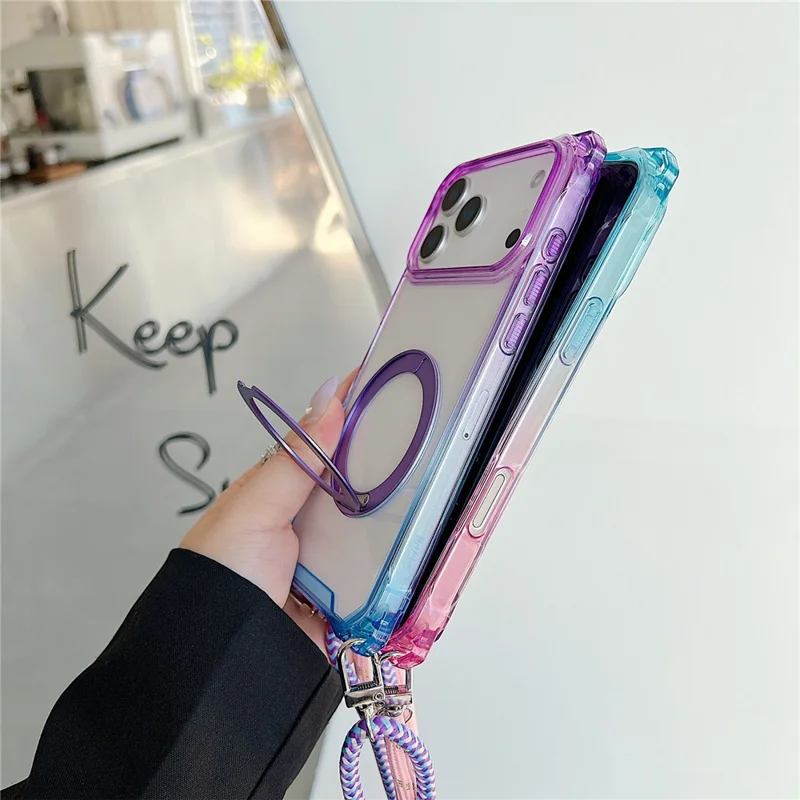 For iPhone 17 Pro Max Magnetic Case Ring Kickstand TPU + PC Phone Cover with Lanyard - Gradient Blue  /  Pink
