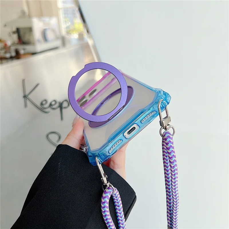 For iPhone 17 Pro Max Magnetic Case Ring Kickstand TPU + PC Phone Cover with Lanyard - Gradient Blue  /  Pink