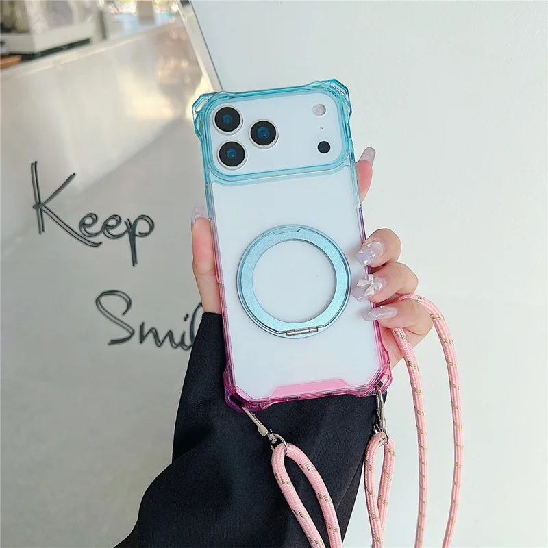 For iPhone 17 Pro Magnetic Case Ring Kickstand TPU + PC Phone Cover with Lanyard - Gradient Blue  /  Pink