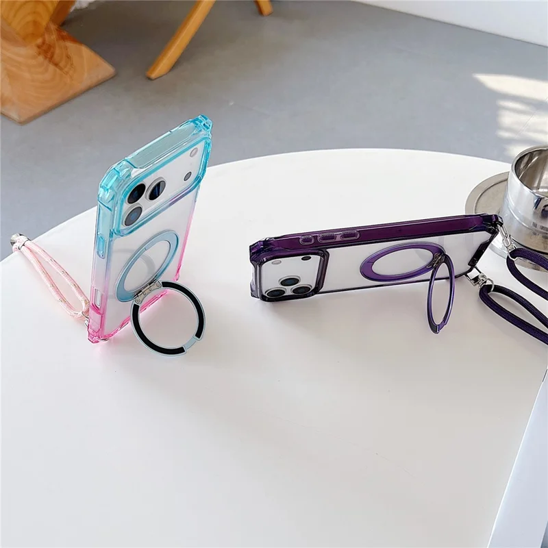 For iPhone 17 Pro Magnetic Case Ring Kickstand TPU + PC Phone Cover with Lanyard - Gradient Blue  /  Pink