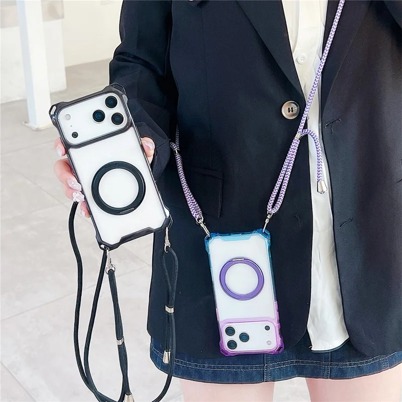 For iPhone 17 Pro Magnetic Case Ring Kickstand TPU + PC Phone Cover with Lanyard - Gradient Blue  /  Pink
