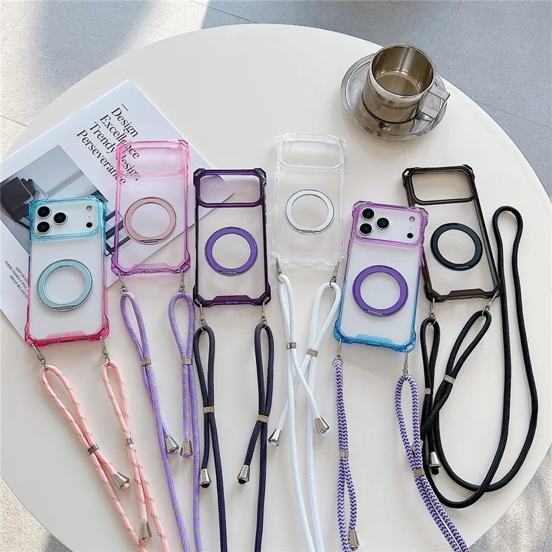 For iPhone 17 Pro Magnetic Case Ring Kickstand TPU + PC Phone Cover with Lanyard - Gradient Blue  /  Pink