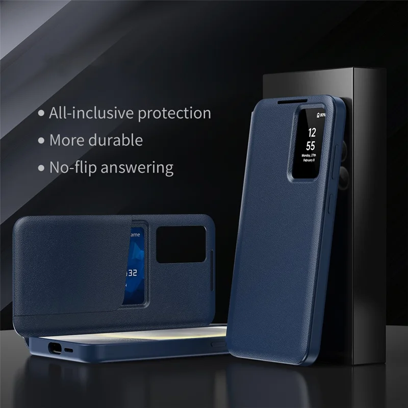 Til Samsung Galaxy S25 FE Task med Smart View-vindue, Lædertask med Kortlomme - Saphir
