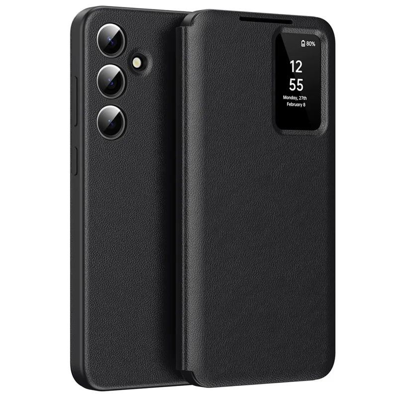 For Samsung Galaxy S25 FE Case with Card Holder Smart View Window Leather Phone Cover - Black