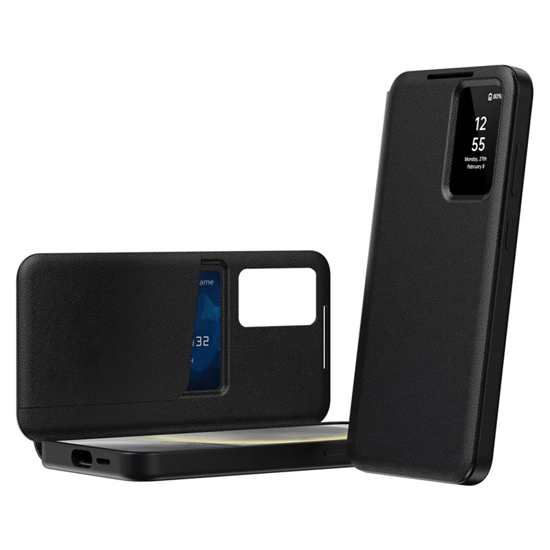 For Samsung Galaxy S25 FE Case with Card Holder Smart View Window Leather Phone Cover - Black