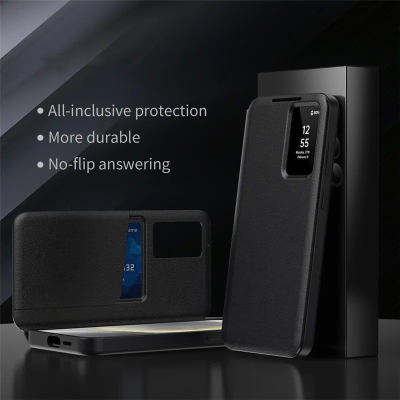 For Samsung Galaxy S25 FE Case with Card Holder Smart View Window Leather Phone Cover - Black