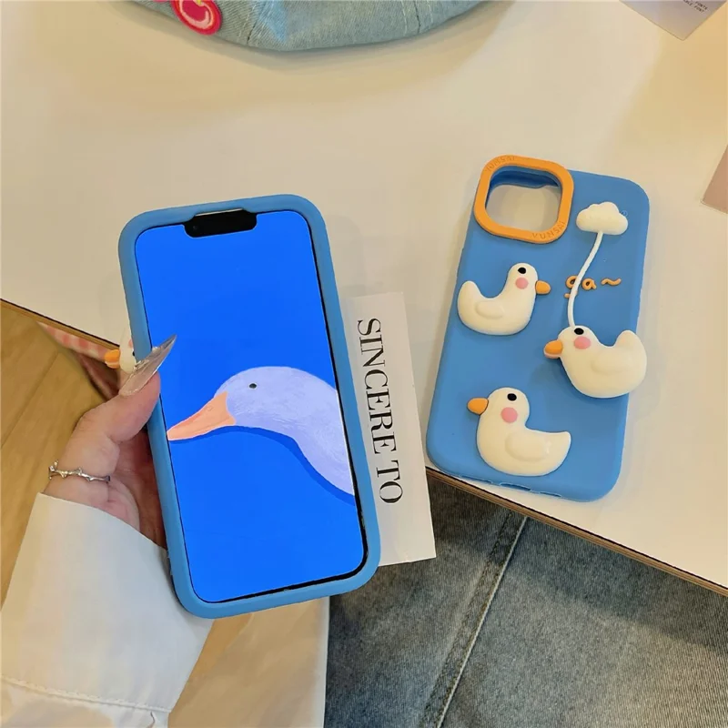 For iPhone 15 Silicone Case Cute Cloud Swing Duck Design Shockproof Phone Back Cover