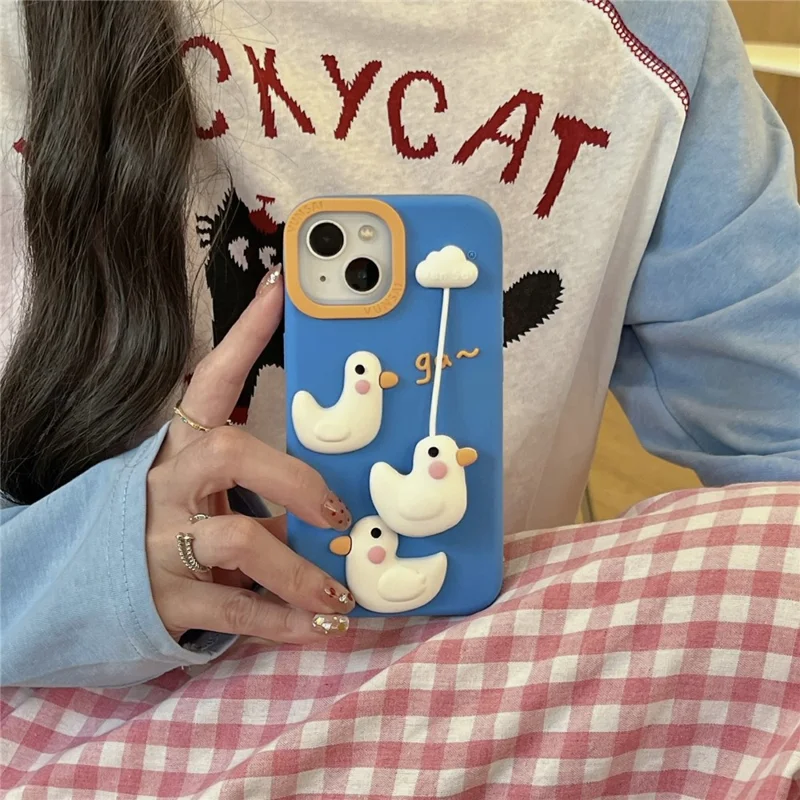 For iPhone 15 Silicone Case Cute Cloud Swing Duck Design Shockproof Phone Back Cover