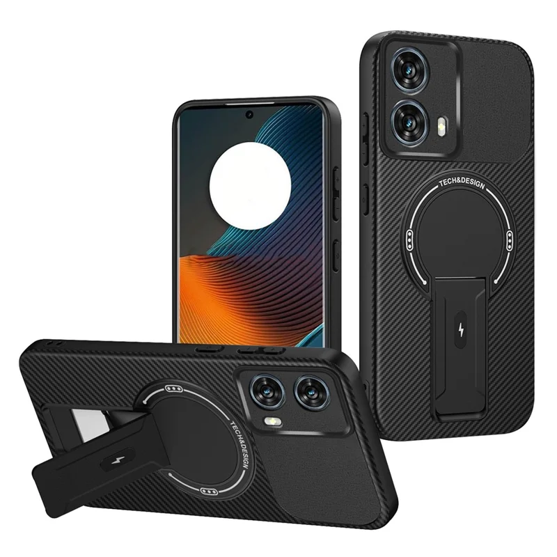 For Motorola Edge 50 Fusion 5G Case Carbon Fiber Texture PC + TPU Phone Cover with Kickstand - Black