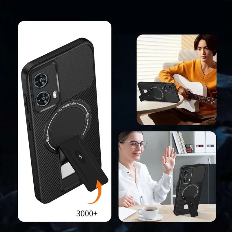 For Motorola Edge 50 Fusion 5G Case Carbon Fiber Texture PC + TPU Phone Cover with Kickstand - Black