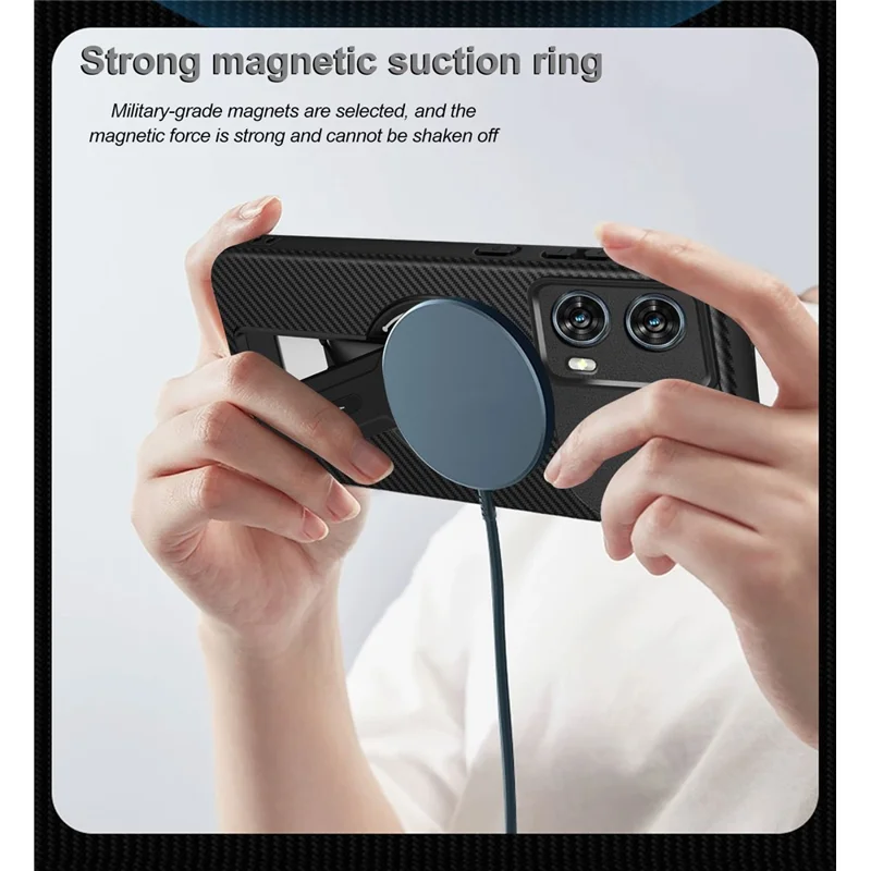 For Motorola Edge 50 Fusion 5G Case Carbon Fiber Texture PC + TPU Phone Cover with Kickstand - Black