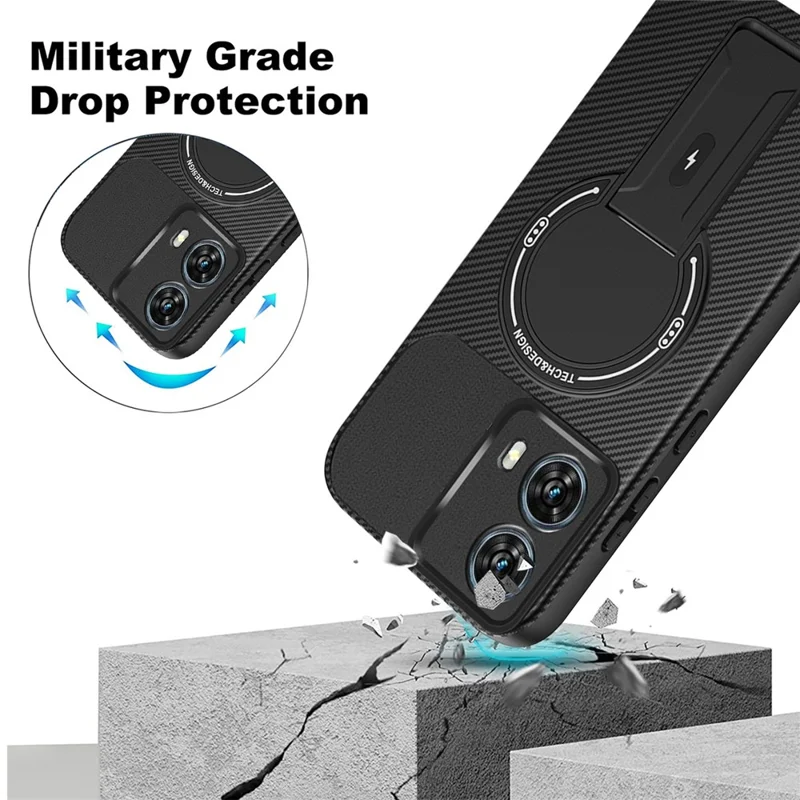 For Motorola Edge 50 Fusion 5G Case Carbon Fiber Texture PC + TPU Phone Cover with Kickstand - Black