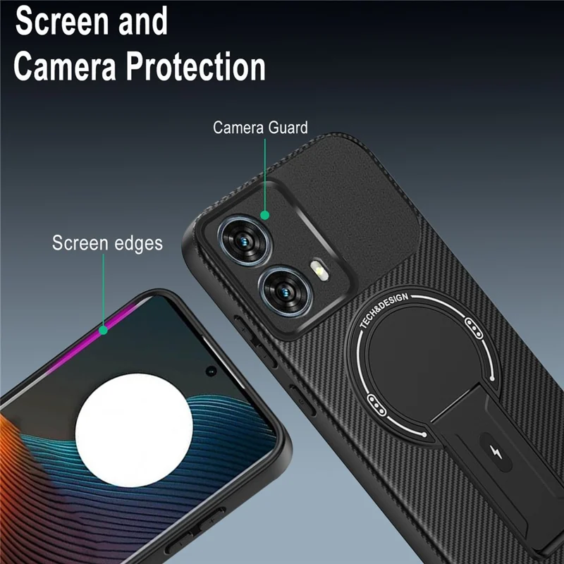 For Motorola Edge 50 Fusion 5G Case Carbon Fiber Texture PC + TPU Phone Cover with Kickstand - Black