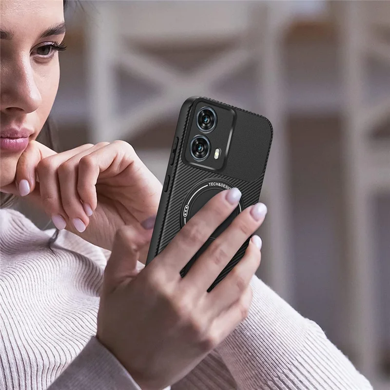 For Motorola Edge 50 Fusion 5G Case Carbon Fiber Texture PC + TPU Phone Cover with Kickstand - Black