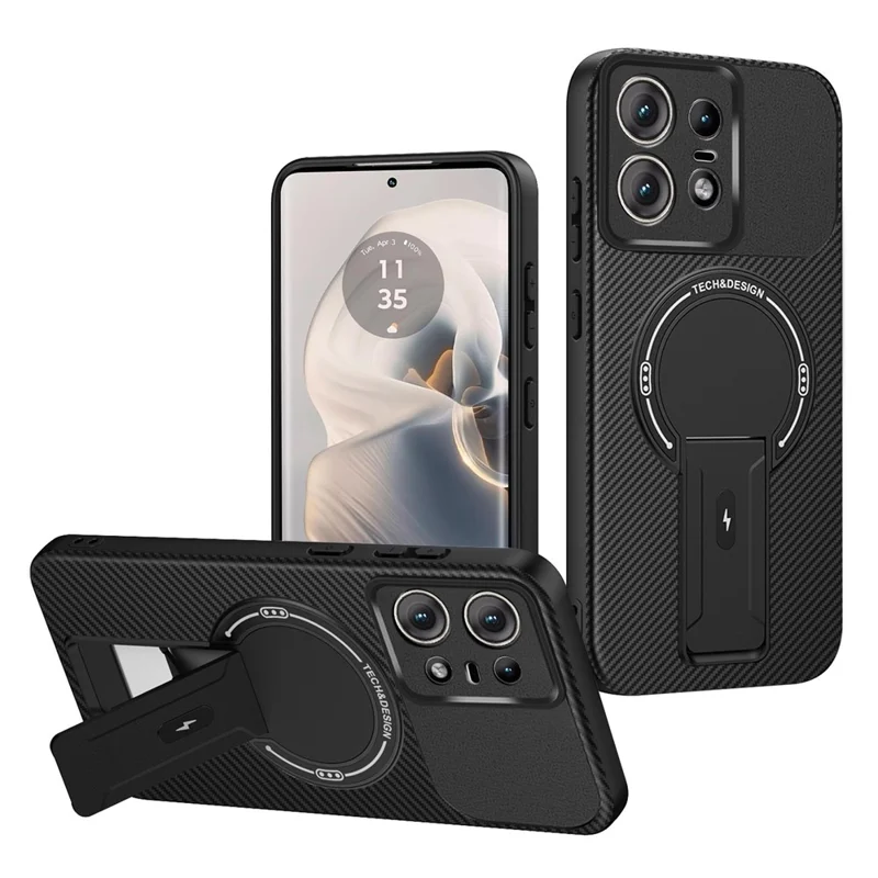 For Motorola Edge 50 Pro 5G Case Carbon Fiber Texture PC + TPU Phone Cover with Kickstand - Black