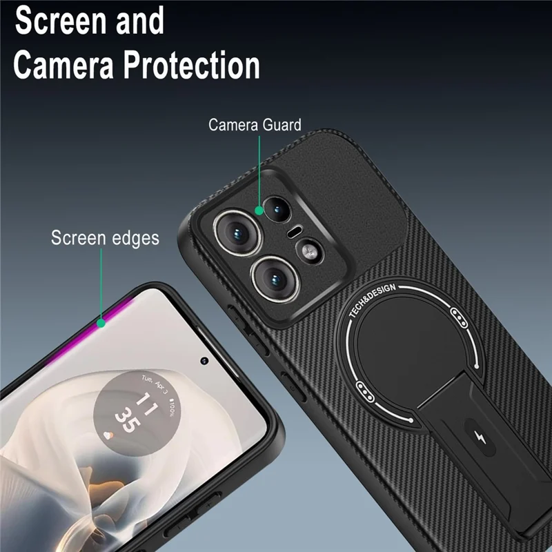 For Motorola Edge 50 Pro 5G Case Carbon Fiber Texture PC + TPU Phone Cover with Kickstand - Black