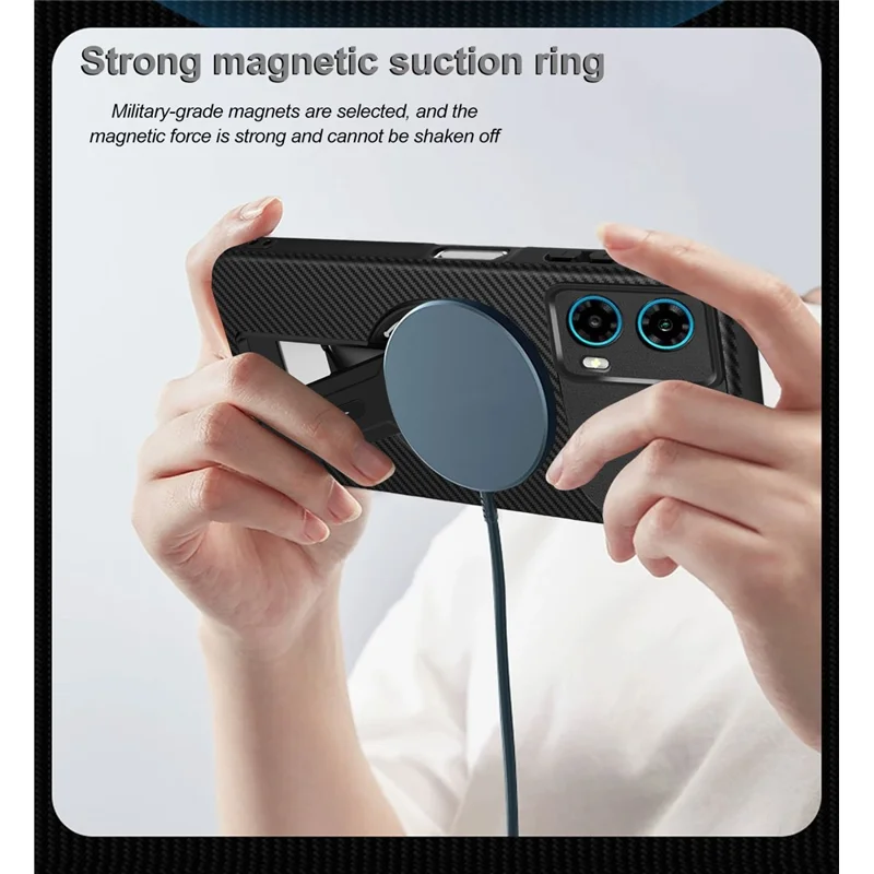 Motorola Moto G34 5G hoesje met koolstofvezelstructuur PC + TPU telefoonhoesje met standaard - Zwart