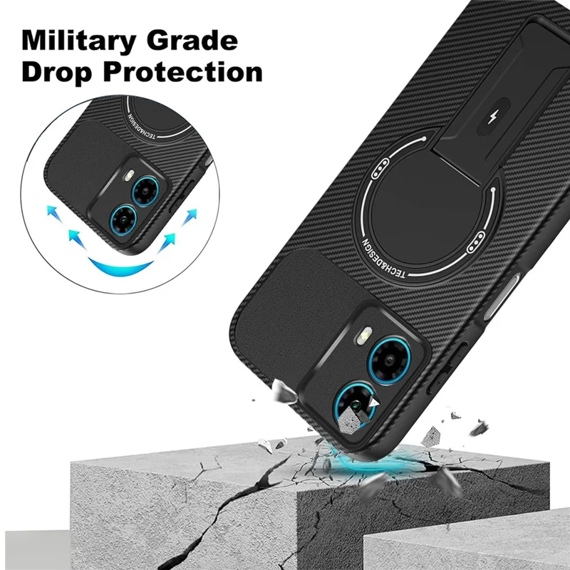 Motorola Moto G34 5G hoesje met koolstofvezelstructuur PC + TPU telefoonhoesje met standaard - Zwart