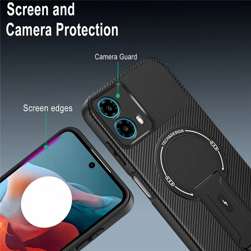 Motorola Moto G34 5G hoesje met koolstofvezelstructuur PC + TPU telefoonhoesje met standaard - Zwart