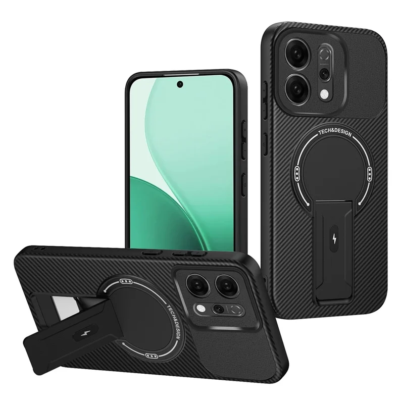 For Oppo Reno14 5G (Global) Case Carbon Fiber Texture PC + TPU Phone Cover with Kickstand - Black