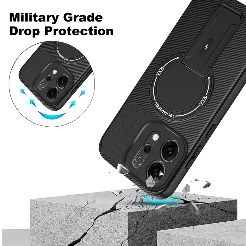 For Oppo Reno14 5G (Global) Case Carbon Fiber Texture PC + TPU Phone Cover with Kickstand - Black