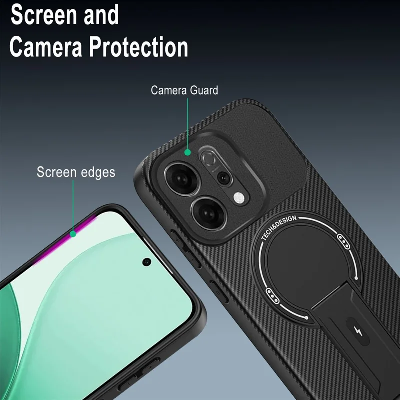 For Oppo Reno14 5G (Global) Case Carbon Fiber Texture PC + TPU Phone Cover with Kickstand - Black