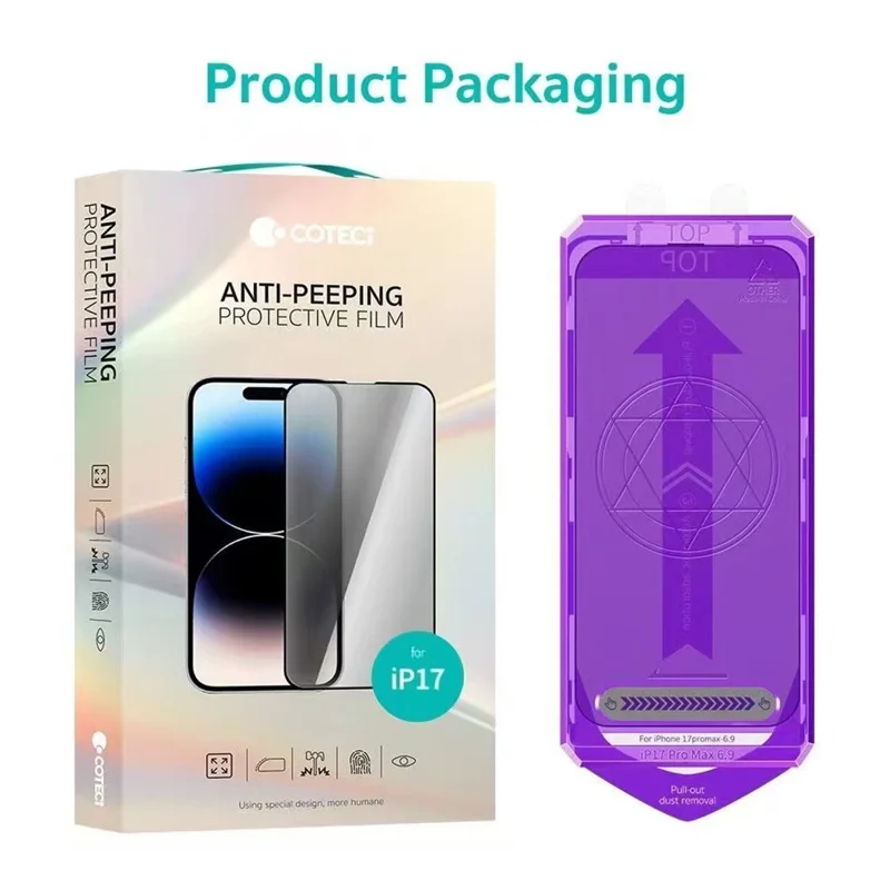 COTECI Na iPhone 17 Pro Max Ochrona Ekranu Przeciwwyglądowa Hartowane Szybkie Szkło z Narzędziem do Usuwania Kurzu PC