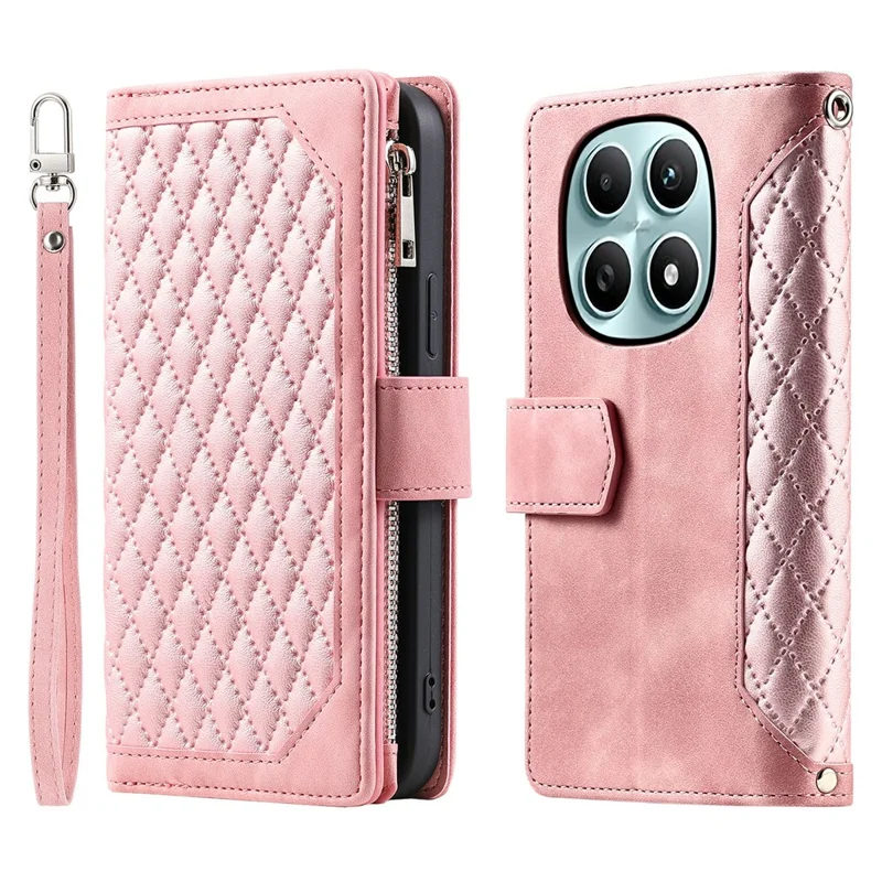 For Xiaomi Redmi Note 15 5G (Global) Wallet Case Rhombus Stitching Line PU Leather Phone Cover with Wrist Strap - Rose Gold