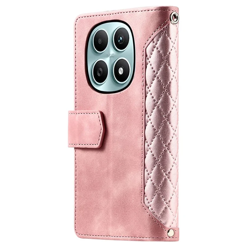 For Xiaomi Redmi Note 15 5G (Global) Wallet Case Rhombus Stitching Line PU Leather Phone Cover with Wrist Strap - Rose Gold