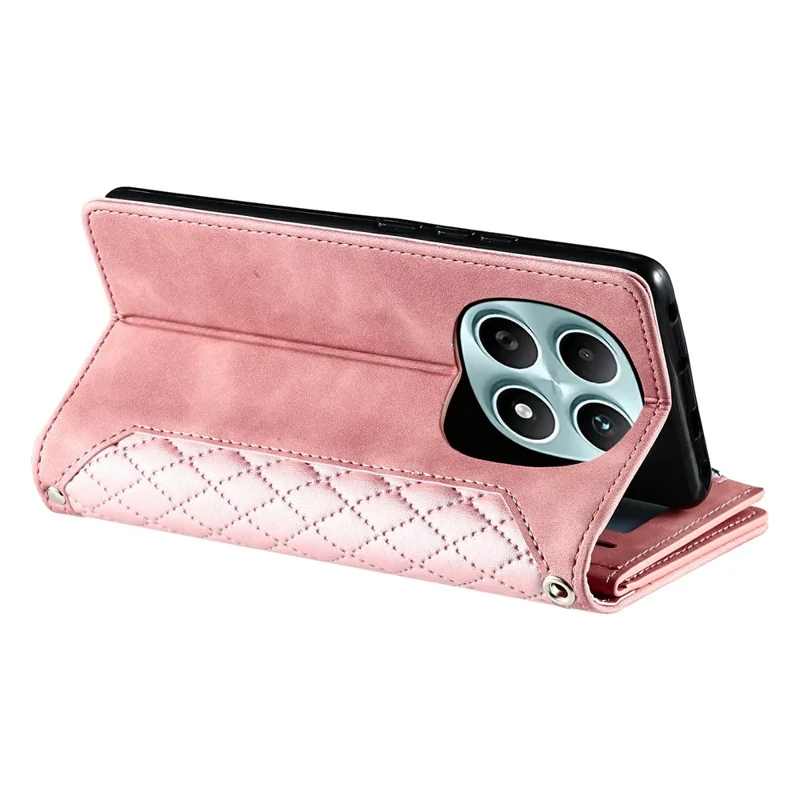 For Xiaomi Redmi Note 15 5G (Global) Wallet Case Rhombus Stitching Line PU Leather Phone Cover with Wrist Strap - Rose Gold