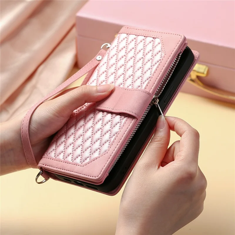 For Xiaomi Redmi Note 15 5G (Global) Wallet Case Rhombus Stitching Line PU Leather Phone Cover with Wrist Strap - Rose Gold