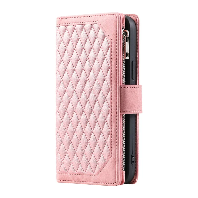 For Xiaomi Redmi Note 15 5G (Global) Wallet Case Rhombus Stitching Line PU Leather Phone Cover with Wrist Strap - Rose Gold