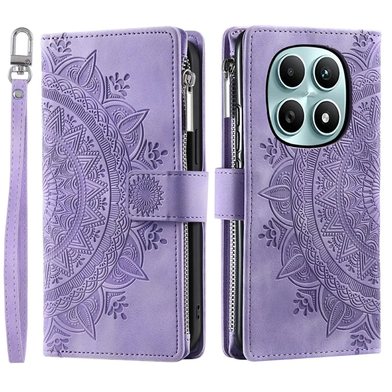 For Xiaomi Redmi Note 15 5G (Global) Wallet Case Mandala Flower Pattern PU Leather Phone Cover with Wrist Strap - Purple