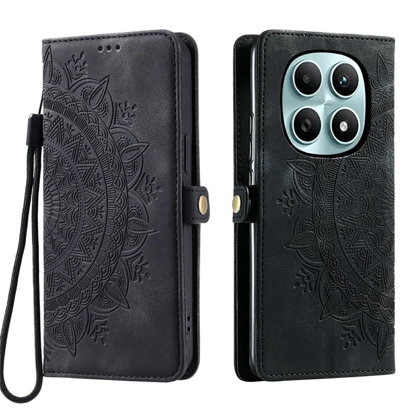 For Xiaomi Redmi Note 15 5G (Global) Case Skin Feel Totem Imprinted Wallet Leather Phone Cover with Hand Strap - Black