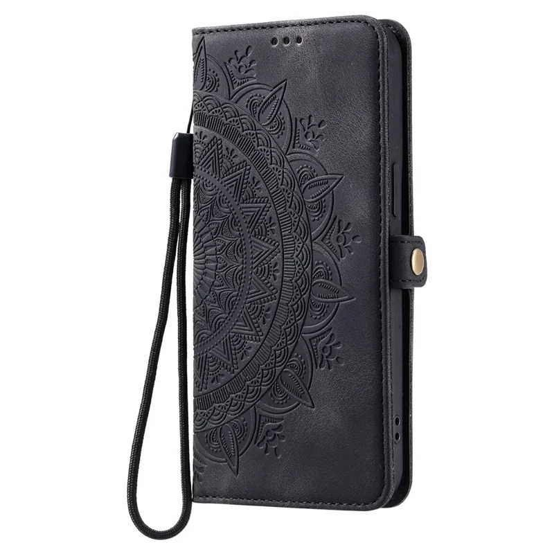 For Xiaomi Redmi Note 15 5G (Global) Case Skin Feel Totem Imprinted Wallet Leather Phone Cover with Hand Strap - Black